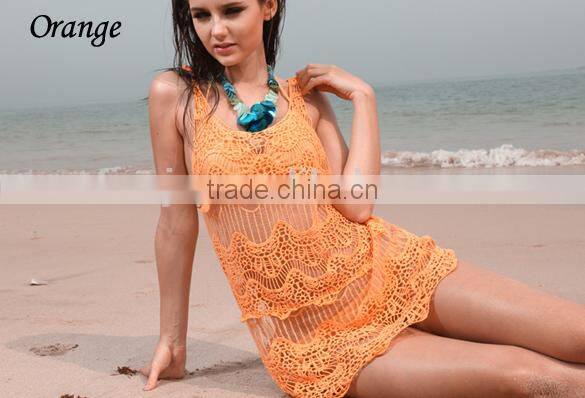 2015 Women's Round Collar Flower Hollow Vest beach Swimsuit Dress Bikini Smock Swimwear SV000999