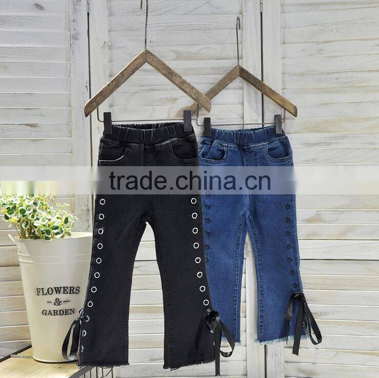 2-7 years Wholesale 2017 Hot Selling Girls Denim Bow Pants Autumn Holes Fashion Girls Jean Flare Pants