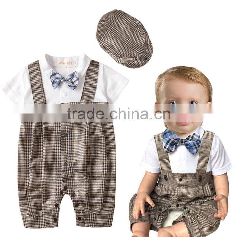 Baby Boys Summer Bodysuit Short Sleeve Plaid Rompers Gentlemen Kids Boys Suit with Hat