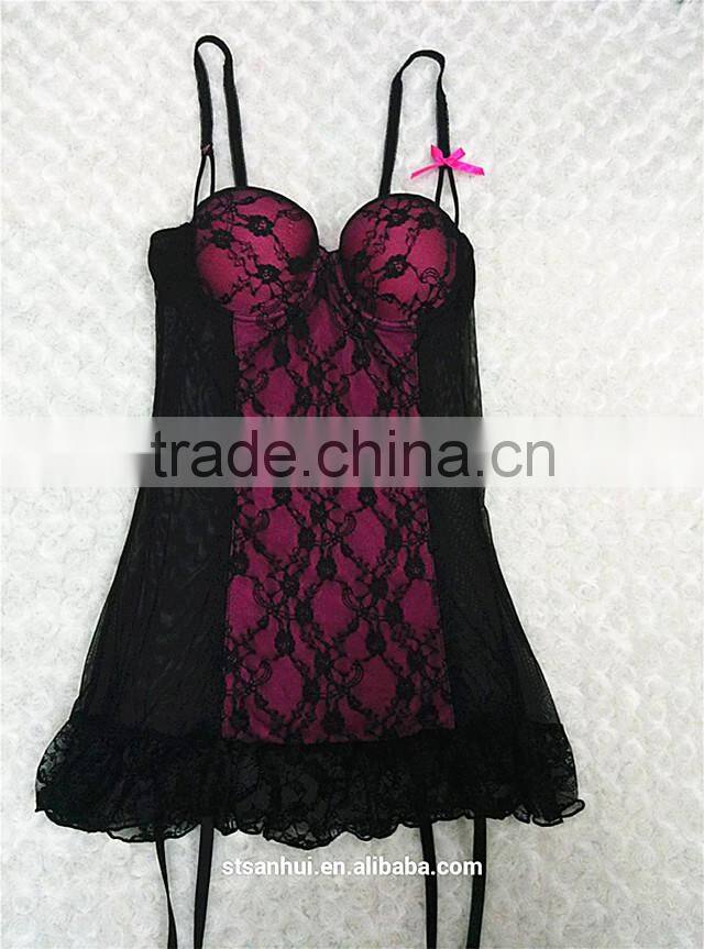 Factory hot sale sexy black lace trim with transparent back babydoll sexy lingerie night wear