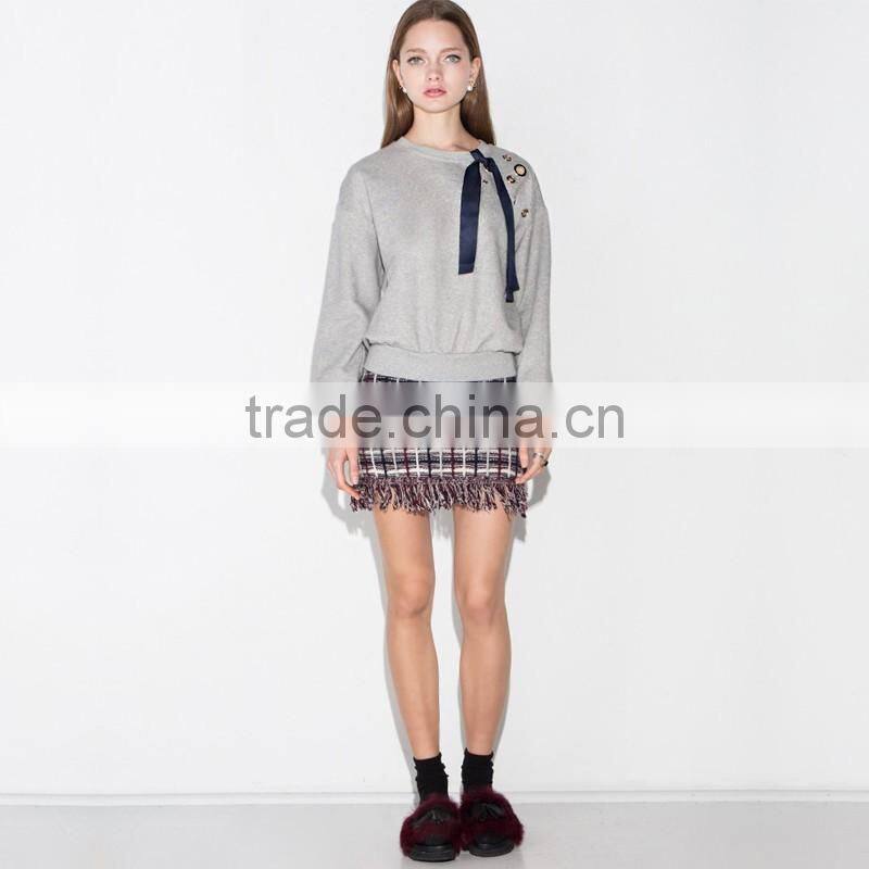 New!Girls cotton loose crewneck sweatshirt pullover with eyelet detail