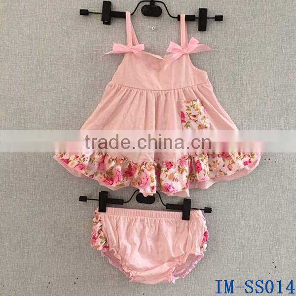 Boutique Wholesale Kids Clothes Adorable Knit Cotton Newborn Baby Girls Swing Top Bloomer Two Pieces Sets with Ruffles IM-SS010