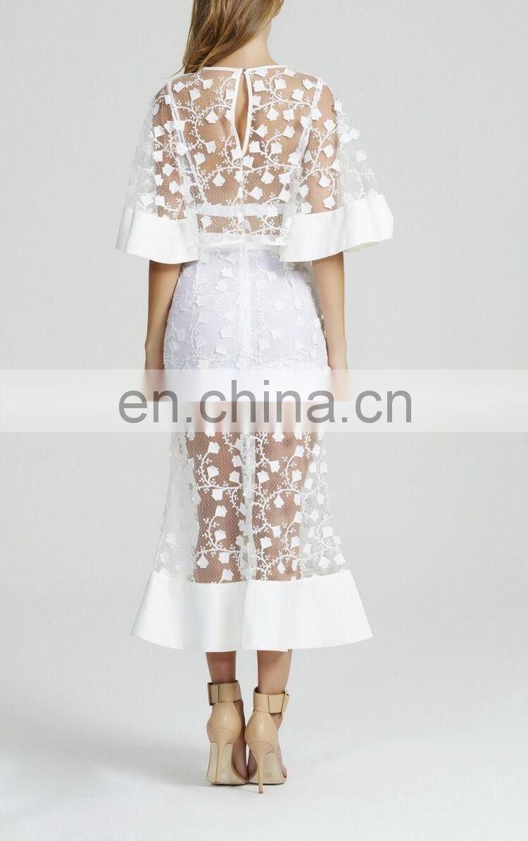 Alibaba China Factory Florals See Through White Mesh Lace Twin Sets Mermaid Prom Dress