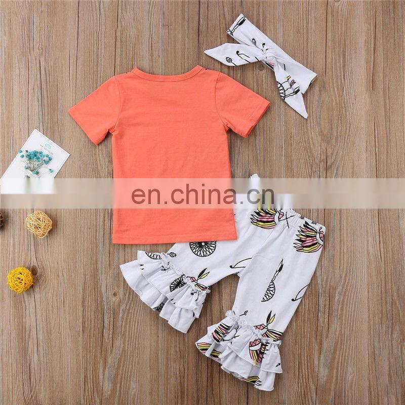New Fashion Baby Girl Back To School Sets Cotton Aeolian Bells Printed Ruffle Kids Girl Boutique Outfits