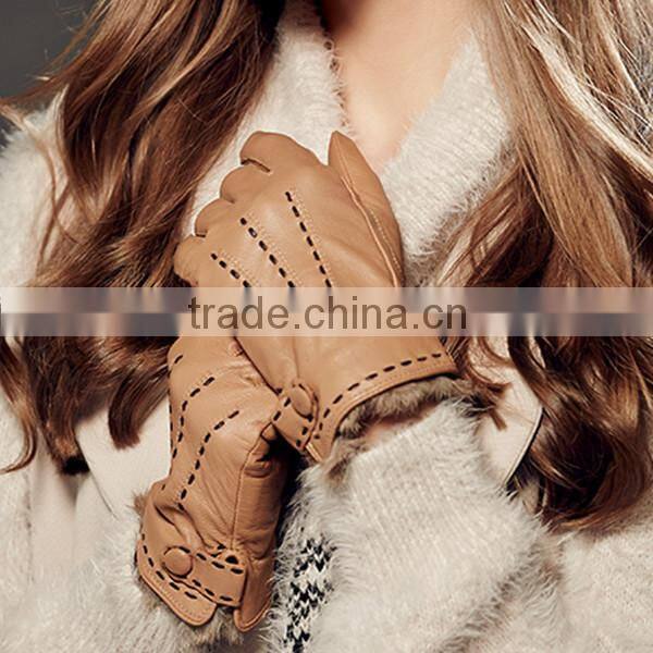 women basic style handmade leather glove rabbit fur lined leather glove