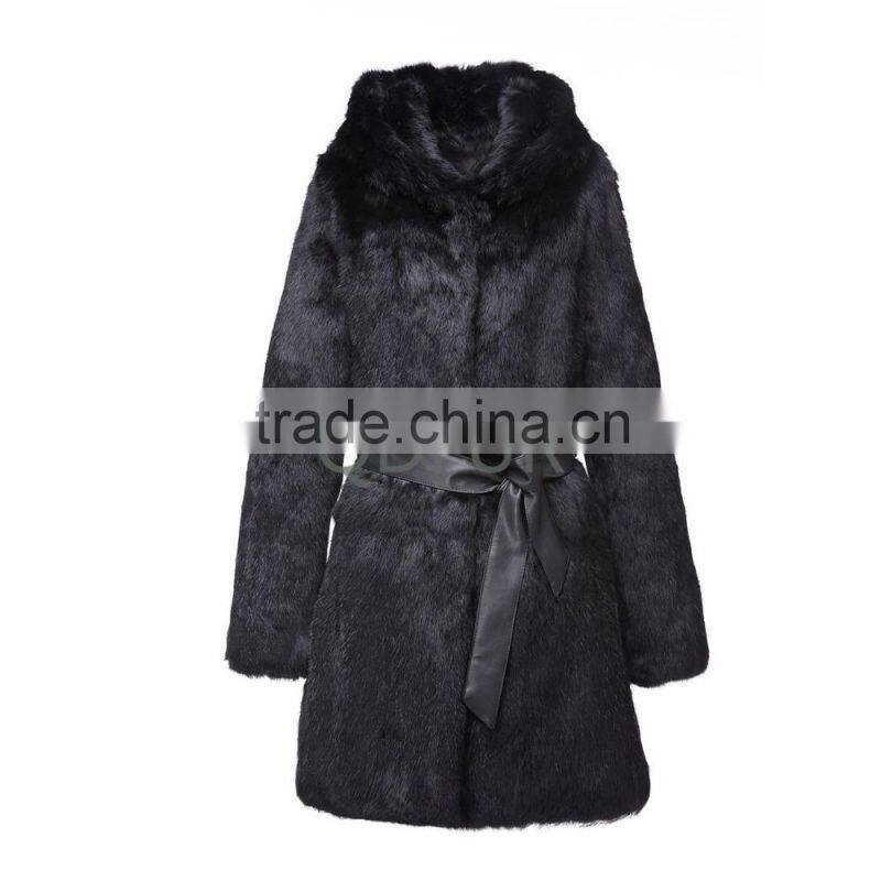 Lady Winter Long Genuine Natural Rabbit Coat with Hoodied D0021