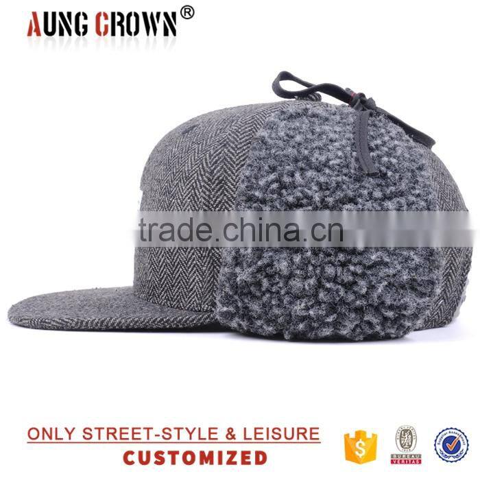 Custom Wool Hat With Ear Flaps/Ear Flaps Flat Brim Cap