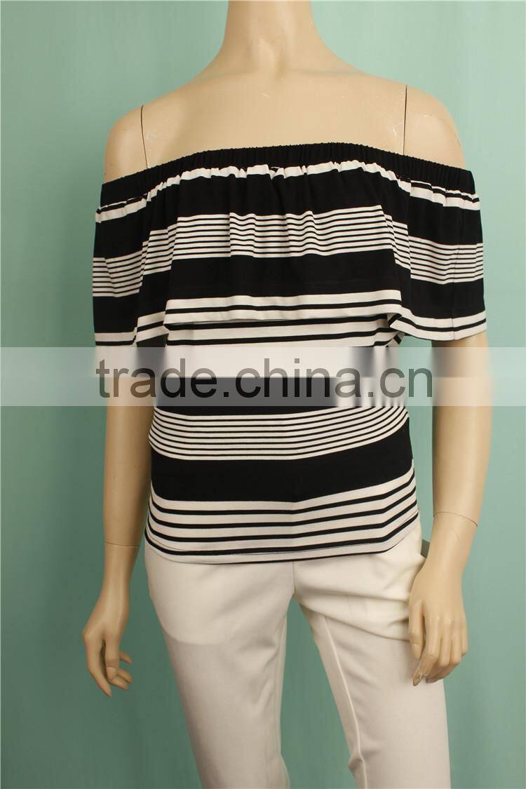 2016 S/S off shoulder summer knit stripe women blouse designs
