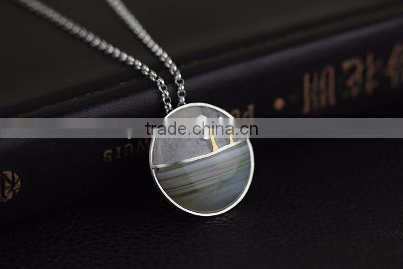 2016 China Style Plants On The River Side 925 Sterling Silver Agate Necklace Pendant for Women Fashion Necklace Jewelry