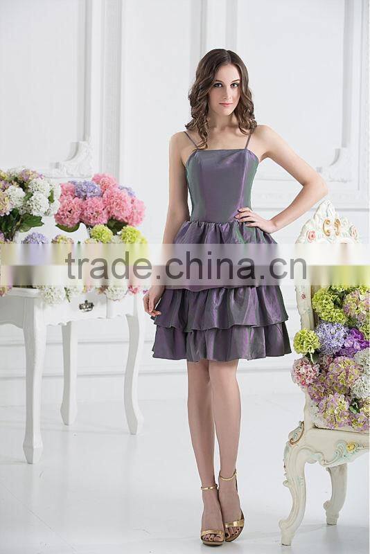 Custom Made Spaghetti Strap A-line Layered Ruffles Knee Length Taffeta Bridesmaid Dresses xyy07-062