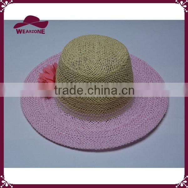 Girl pink straw sun hat paper floppy hat with colorful flower