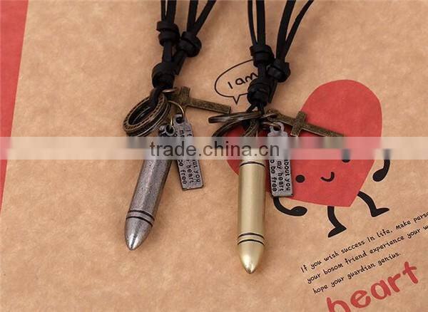 Factory wholesale vintage genuine leather cord necklace with bullet pendant