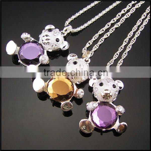 Trendy good quality cute teddy bear rhinestone pendant necklace