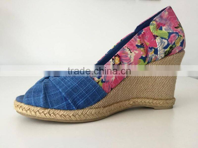 2016 new style fashion shoe denim canvas upper open peep toe style platform high heel lady women sandals espadrilles shoes