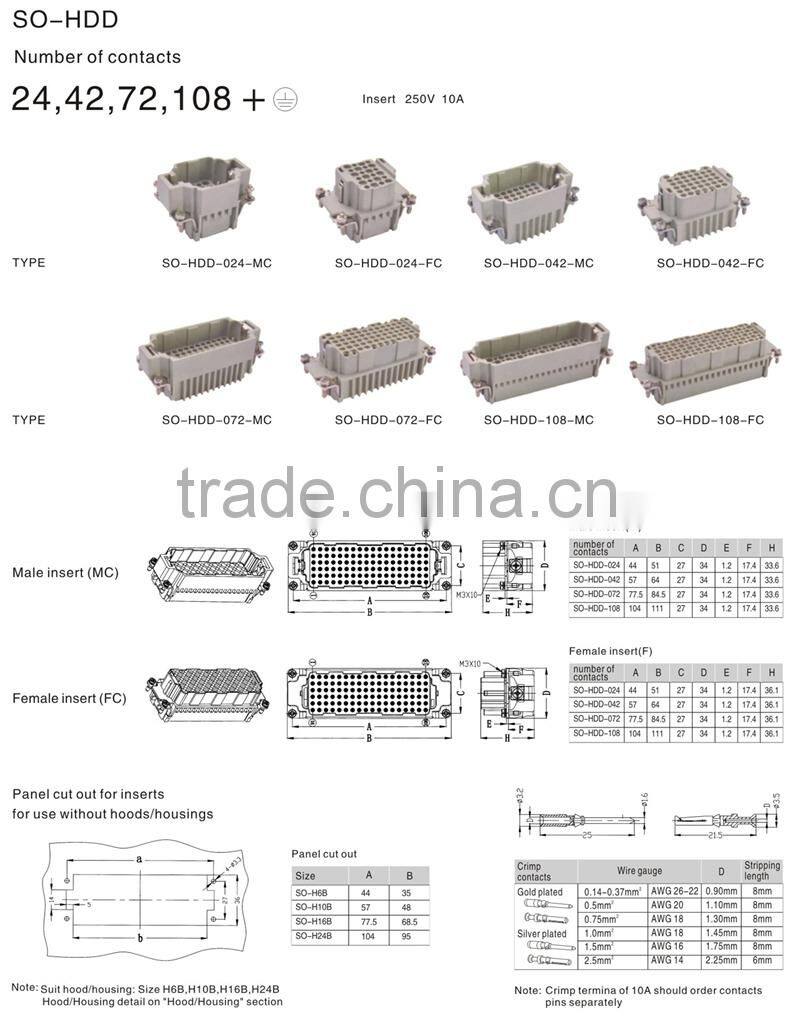 HDC HDD-108, A Whole Set Industrial Crimp Terminal Copper Alloy Side Entry 108 Pins Waterproof electrical plug connectors