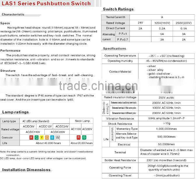 ONPOW Push button switch(LAS1 Series,Dia.16mm,UL,CE,ROHS,REECH,IP65,Anti vandal)