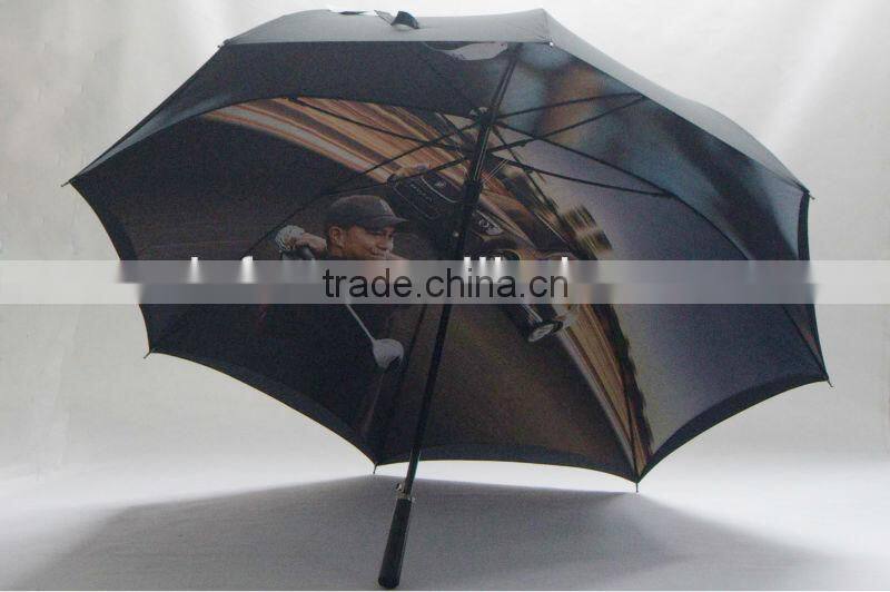 Automatic golf umbrella with thermo-transferred print and double canopies