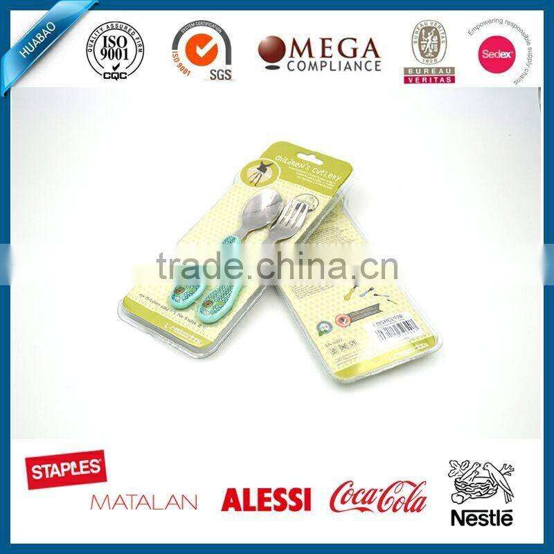 2016 Customized stainless steel 18/0 baby cutlery set , spoon and fork set with cute design, catering supplies