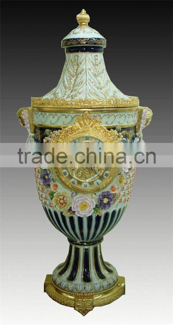 Antique Trophy Cup Design Ceramic Enamel Desk Clock, Pure Hand Painted Flower Decorated 24K Gold Plated Table Clock