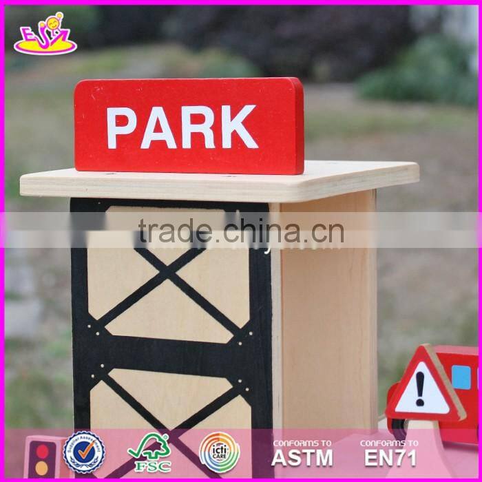 2017 new products funny parking toy boys wooden garage playset W04B051