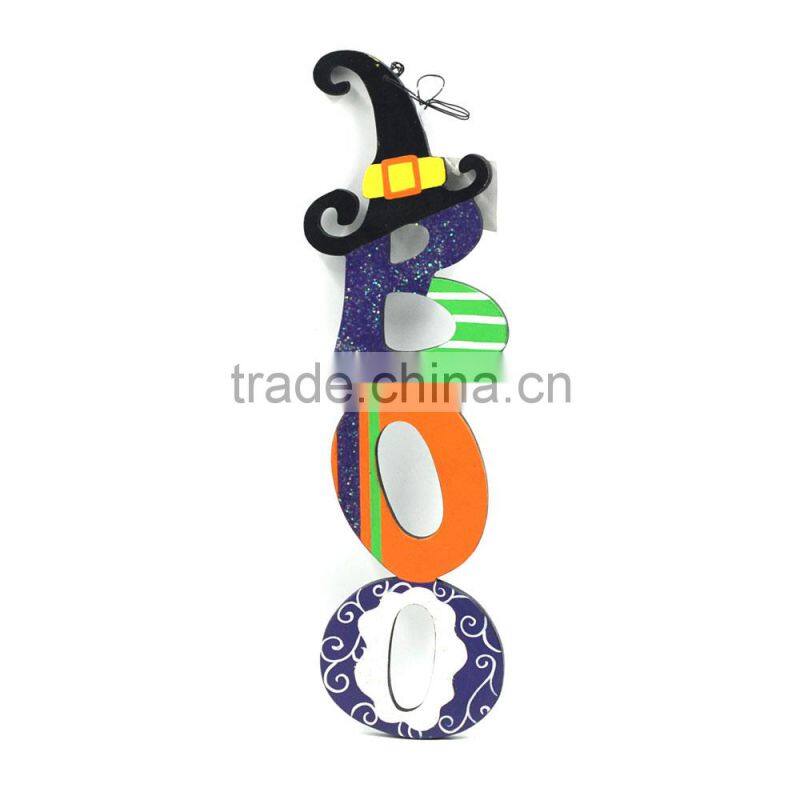 2017 Vintage colorful BOO hat Halloween ghost hand carved wooden plaque