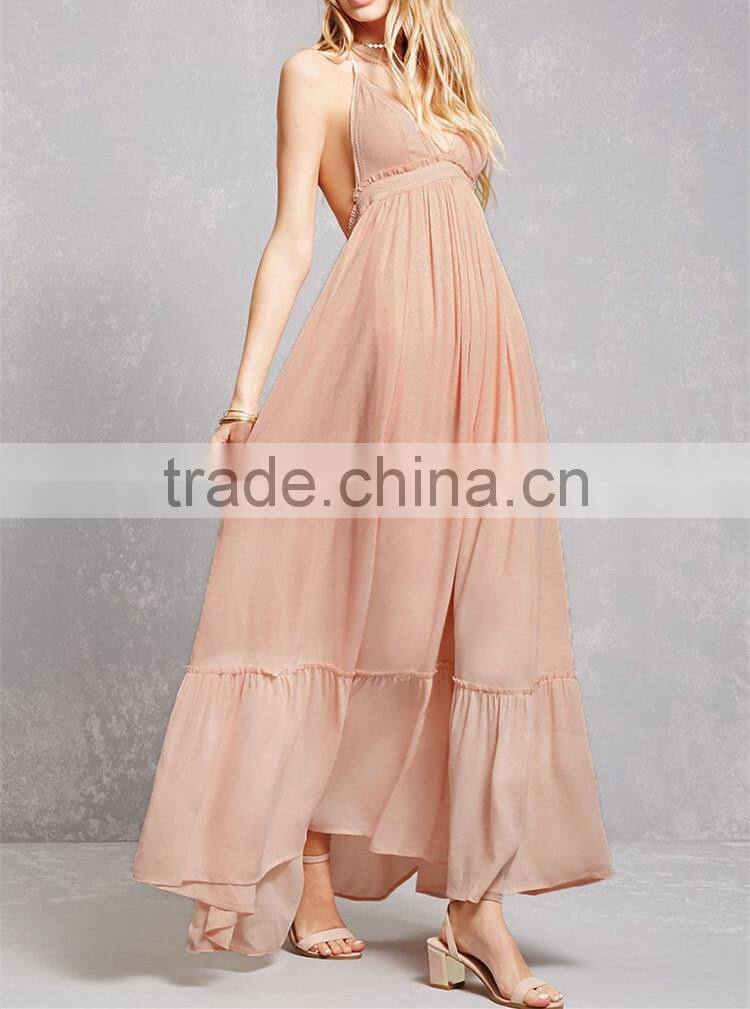 Factory Price adjustable tasseled self-tie halter neckline front V-cut open back flowy Crepe Woven Halter Maxi Dress