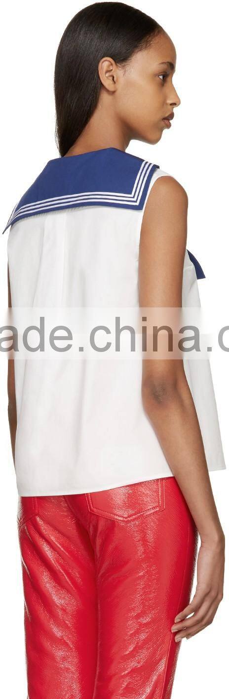 2016 Fashion Sleeveless White and Navy Sailor Blouse HST8010