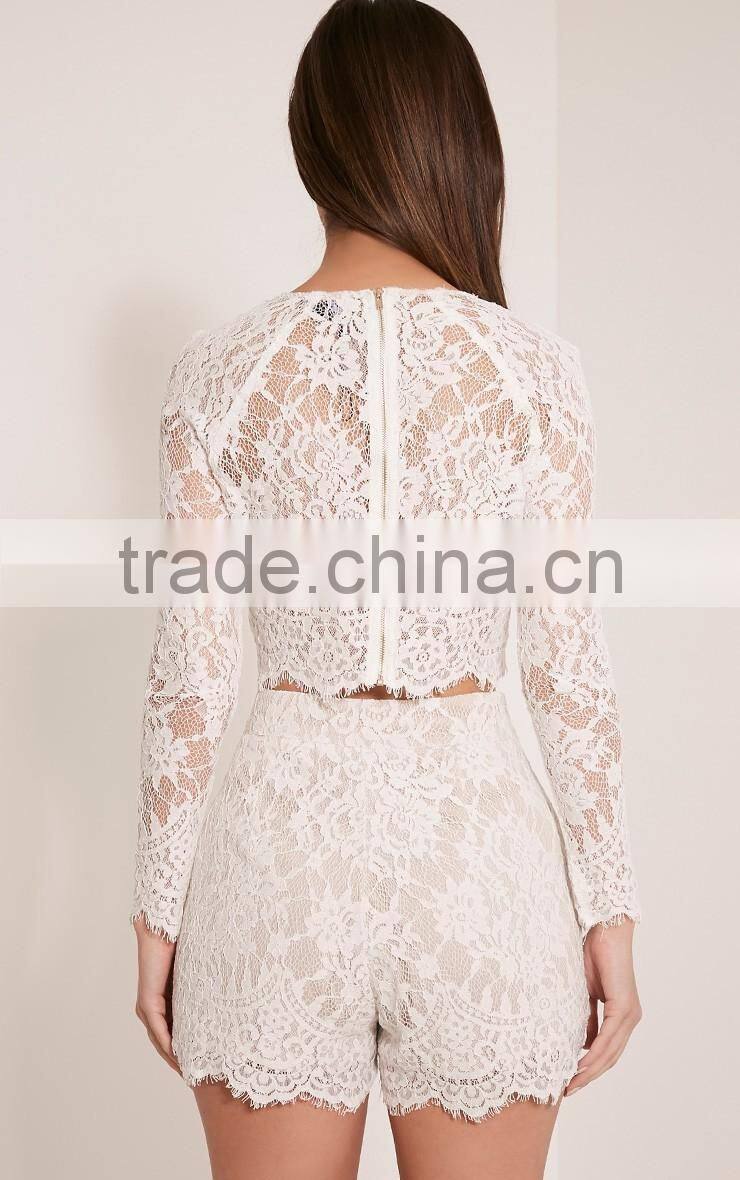 Crochect white lae designs long sleeve two piece sets Lace crop top and short pants designs