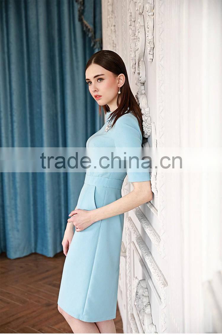 Ladies Slim Fit Light Blue Short Sleeve Elegent Dress