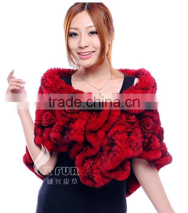 CX-B-21D Hot Selling Genuine Rex Rabbit Fur Knitted Shawl Knit Poncho