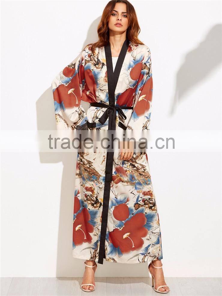 Custom Floral Print Women Beachwear Multicolor Flower Print Contrast Trim Belted Maxi Kimono
