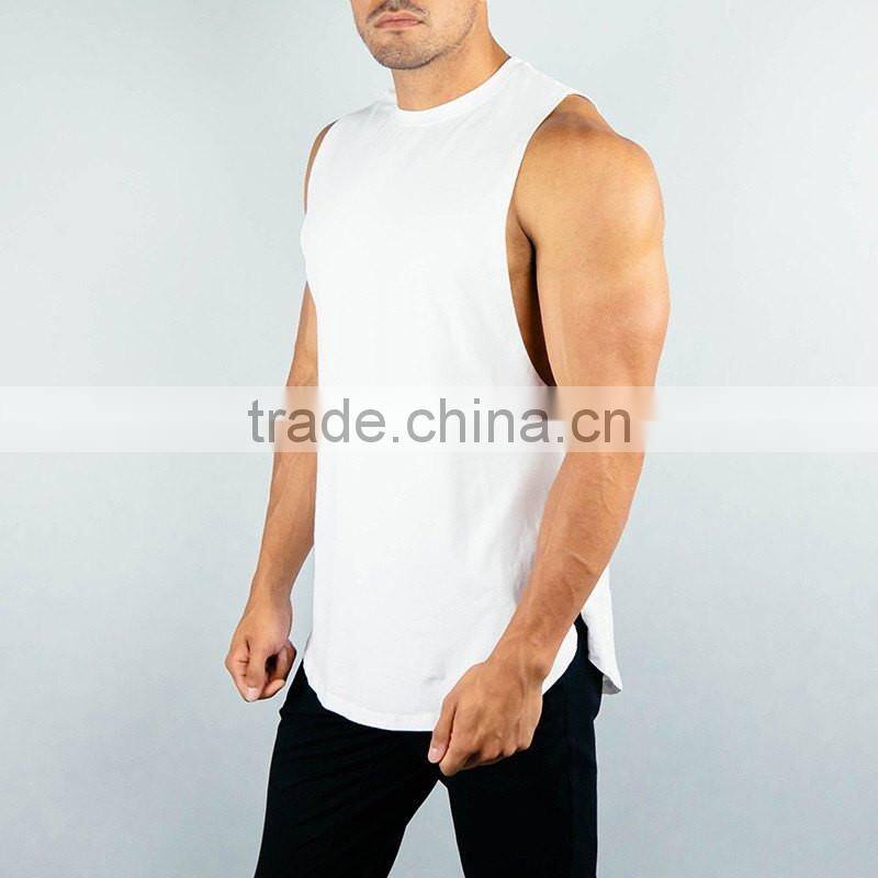 OEM Slim Fit White Plain Mens Cut off Gym Shirt Deep Cut Longline Curved Hem T Shirt with Side Split