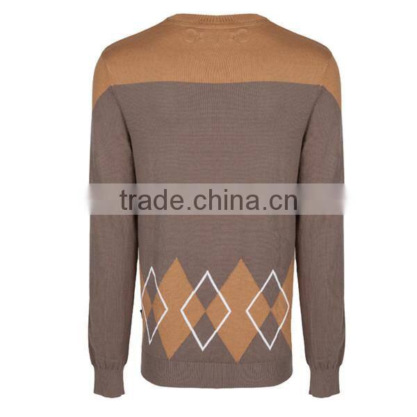 Men's ribbed embroidery applique diamond jacquard design pullover sweater