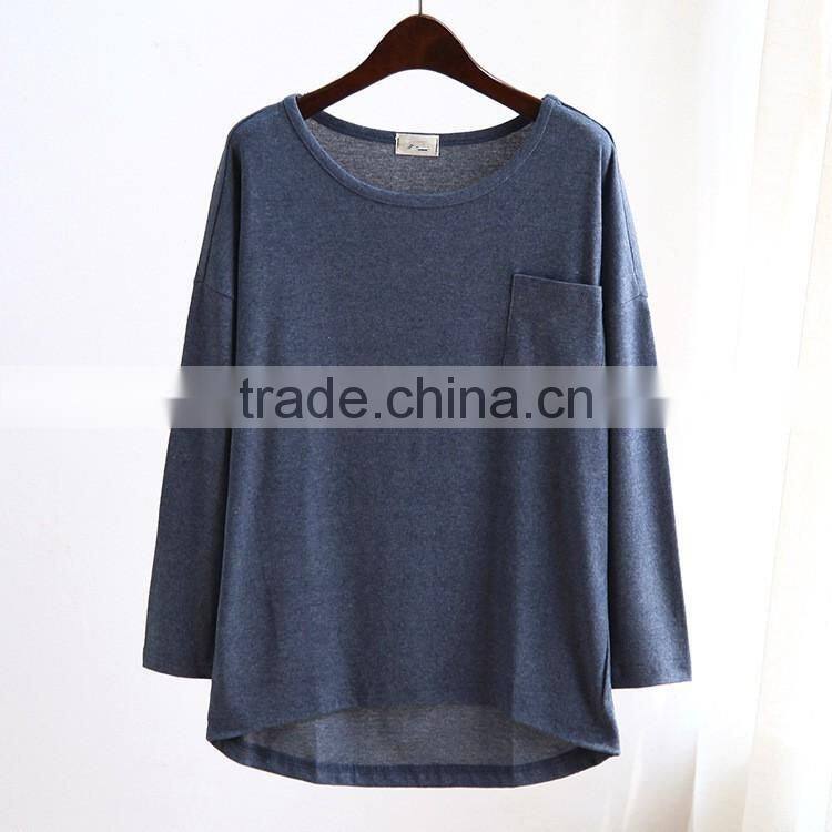 wholesale long sleeve casual women t-shirt with pocket