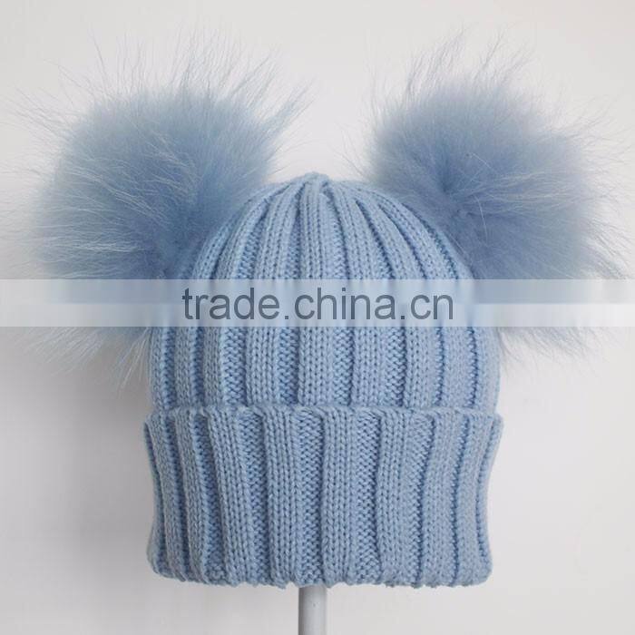 Myfur Genuine White Color Children Knitting Hat with Double Raccoon Fur Balls
