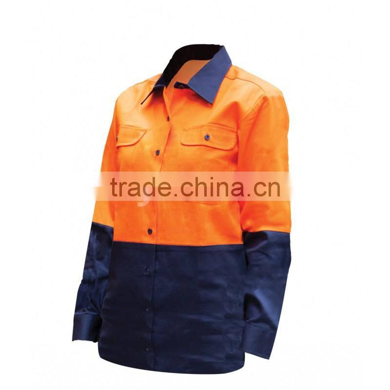 hi-vis ladies two pockets long sleeve two tone cotton work shirt