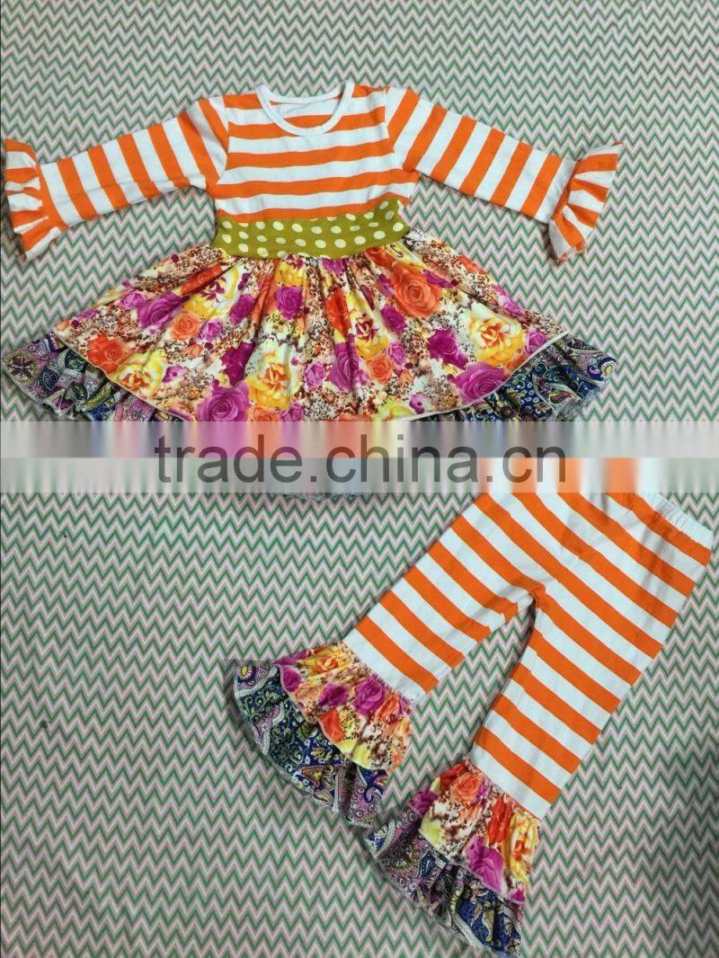 2015 baby stripe top flower dress and stripe ruffle pants baby clothing set baby dresses YW-075