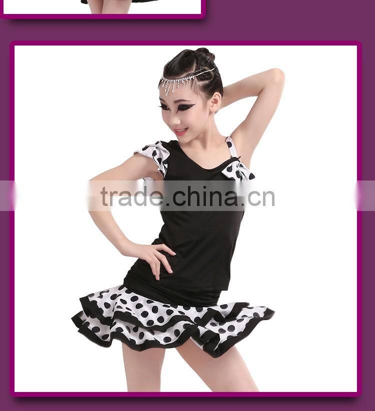 Children Polka Dot Salsa Samba Tango Ballroom Latin Skirts Suit Girls Kids Unequal Dew Shoulder Latin Dance Dress