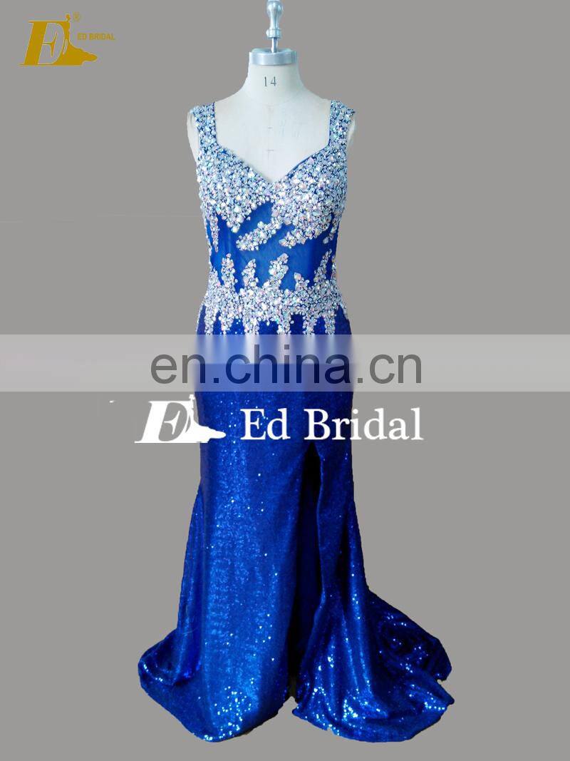 Plus Size Corset Bodice Slit Sequin Long Crystal Embellishments Sexy Prom Dress For Girls