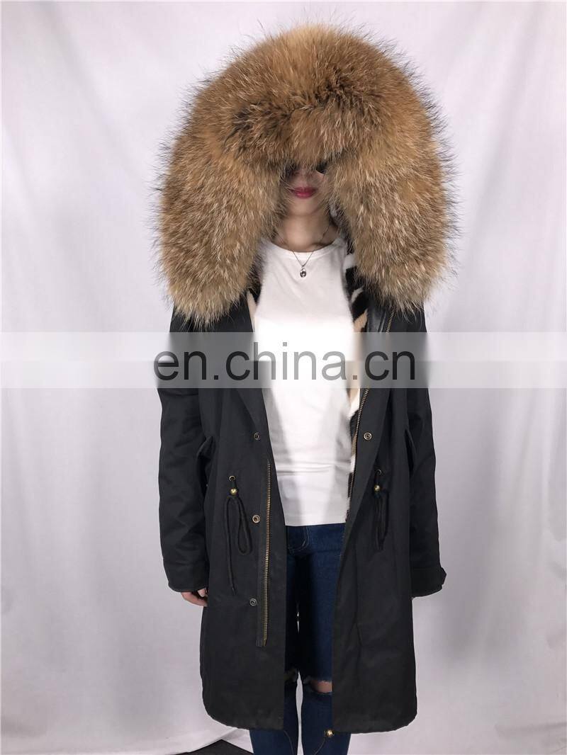 High Quality Short Military Woman Real Fur Parka Genuine Raccoon Fur Hood with Mink Fur Lining Coat