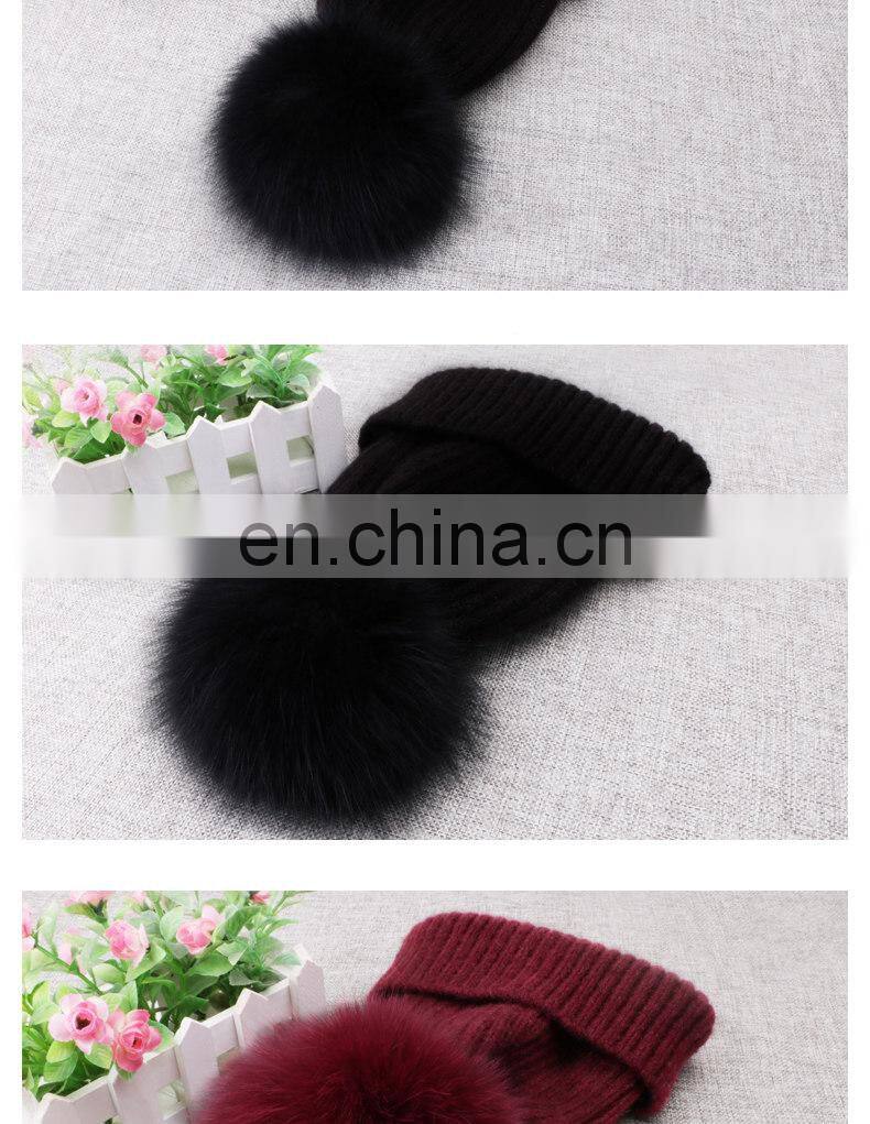 Winter Wool Knitted Beanies Scarf Fox Fur Pompom Knitted Hat Wool