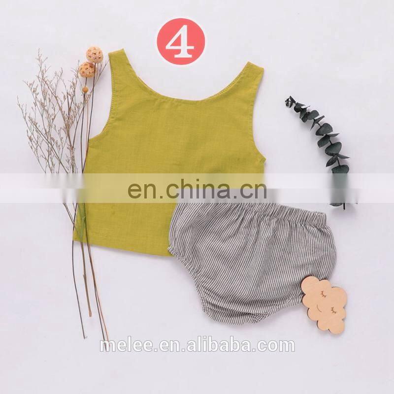 RTS Australia Hot Sale Baby Infant linen 2pcs Set Buttons Vest Tops Solid Bloomers Korean Girls Linen Outfits