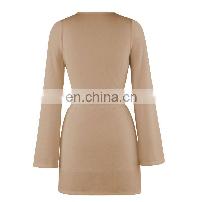 2021 Cross-border New Product Pure Color Women's Fashion Twisted Long Sleeve V-neck Sexy Top Drawstring Short Skirt Autumn Set