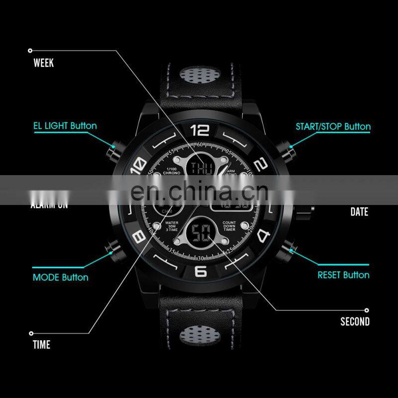 SKMEI brand 1371 stainless steel back genuine leather mens analog quartz watches