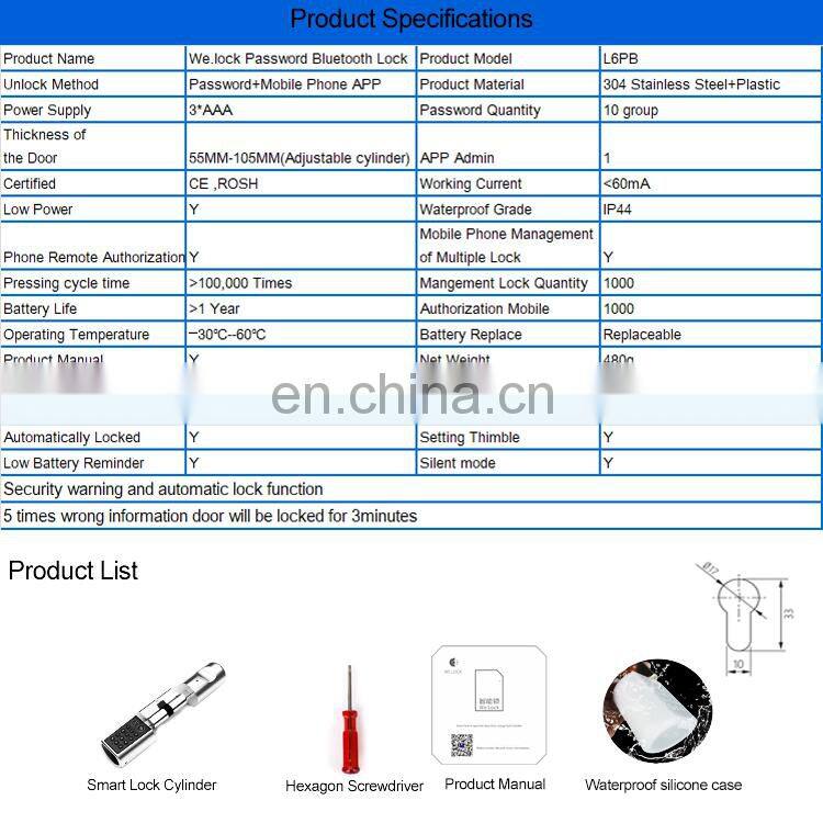 Electronic Smart Cylinder APP Lock Unlock by Code and Mobile App