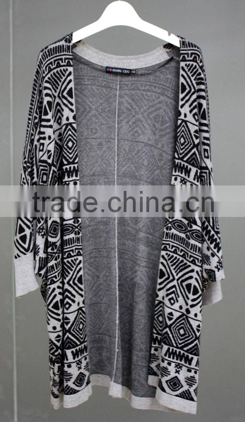 Medium and long Geometric printing Knitted cardigan Irregular graphics sweater