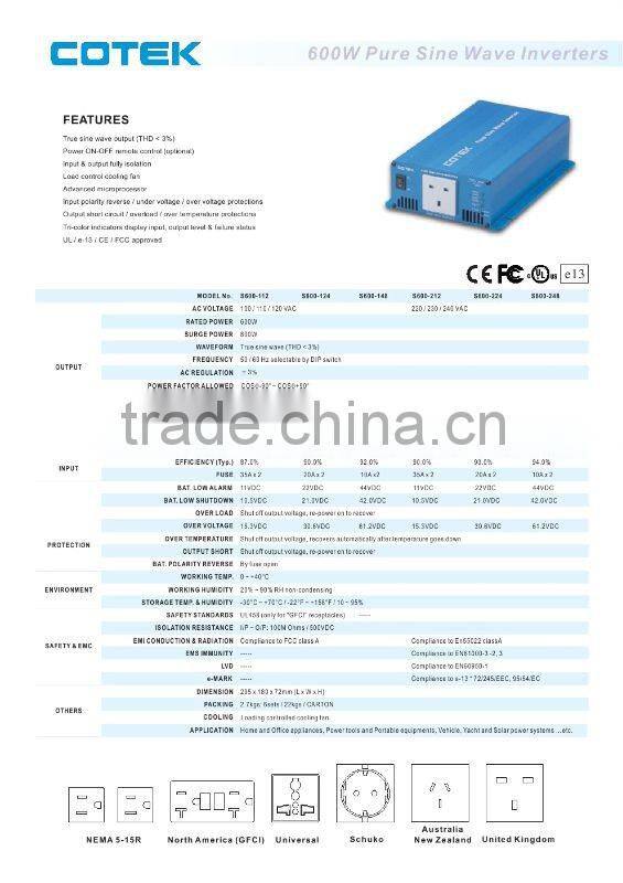 S600-212 COTEK 600w pure sine wave inverters(Low Frequency) 12V/24V/CE UL FCC E13