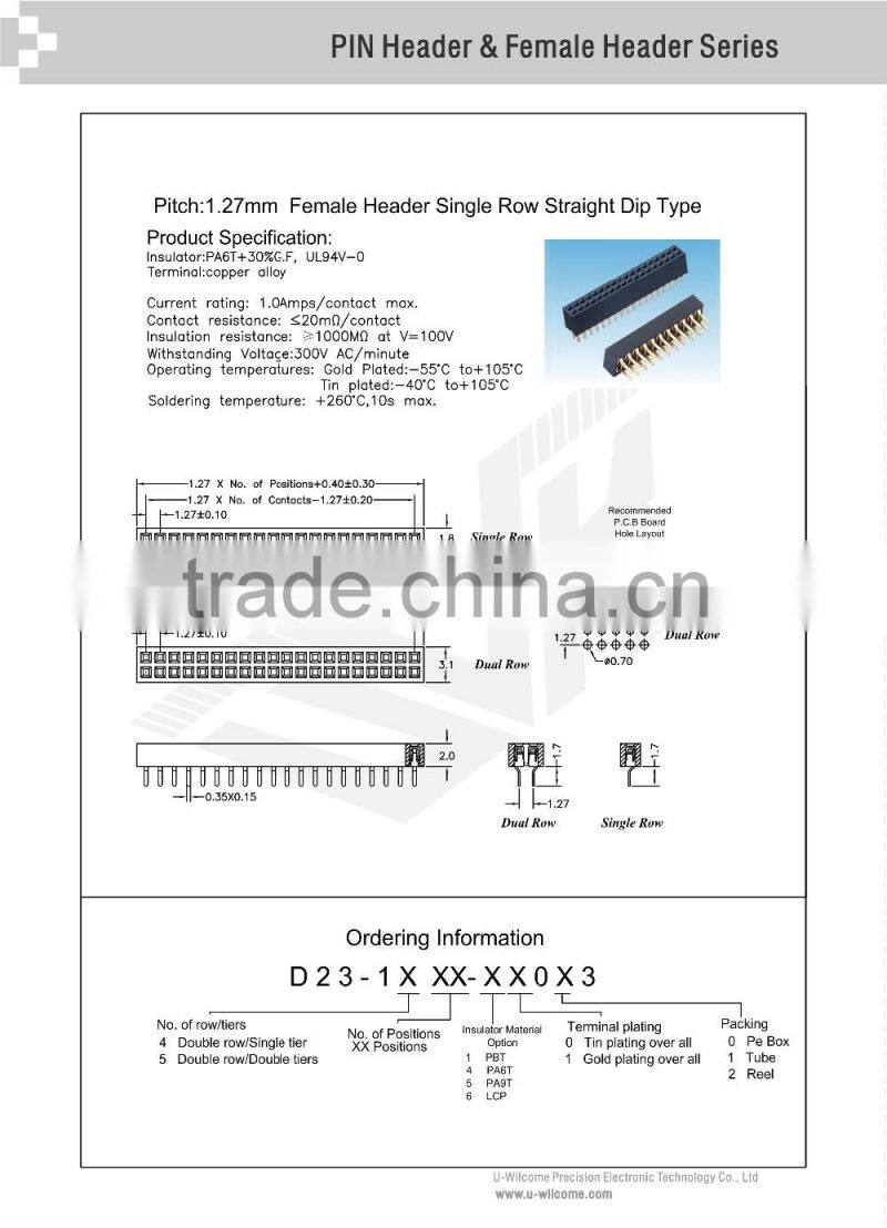 China Manufacturer 1.27mm single Row electrical header connector 180 Degree Dip Female header 2p 4p 6p 8p 10p 20p connector