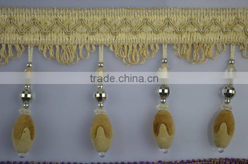 polyester curtain bead lace trim,beaded fringe trimming