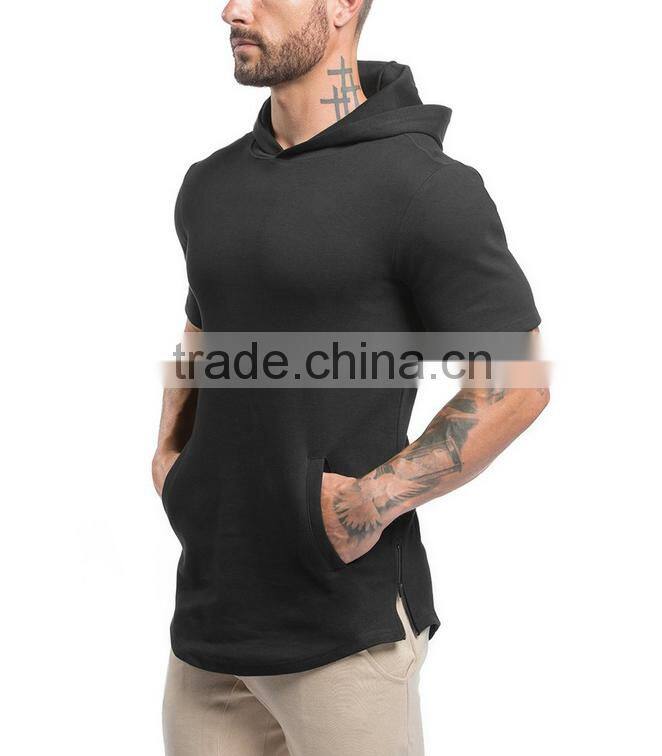 Men Fitness Clothing Longline pullover men's Short Sleeve Hoodie